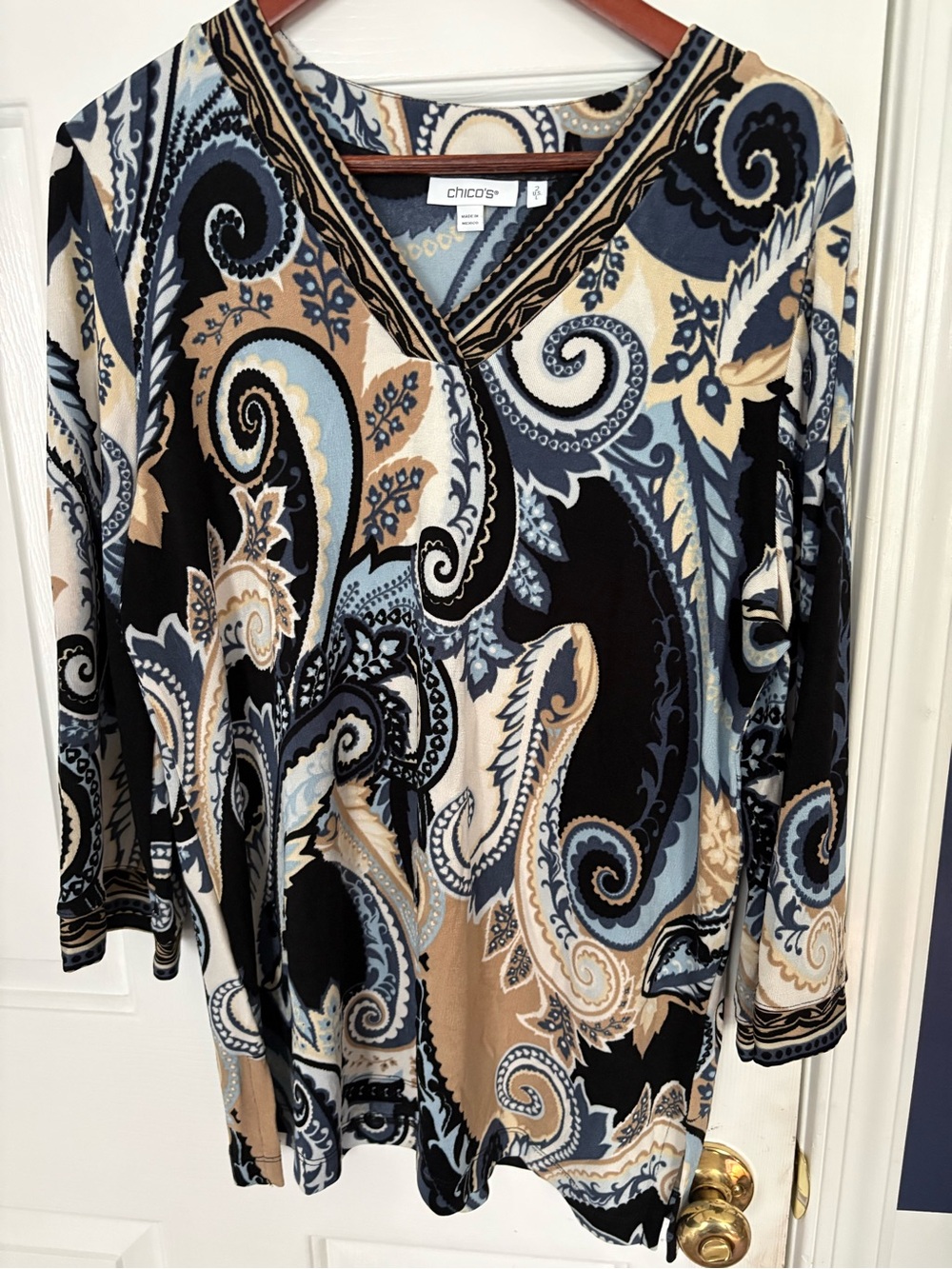 Chico's Paisley V-Neck shirt in Black and Cream